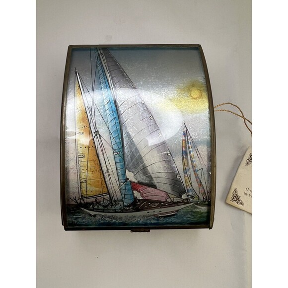 Vtg Via Vermont Sailboat Jewelry Trinket Box Cobalt Blue Glass Mirrored Brass - Picture 3 of 12